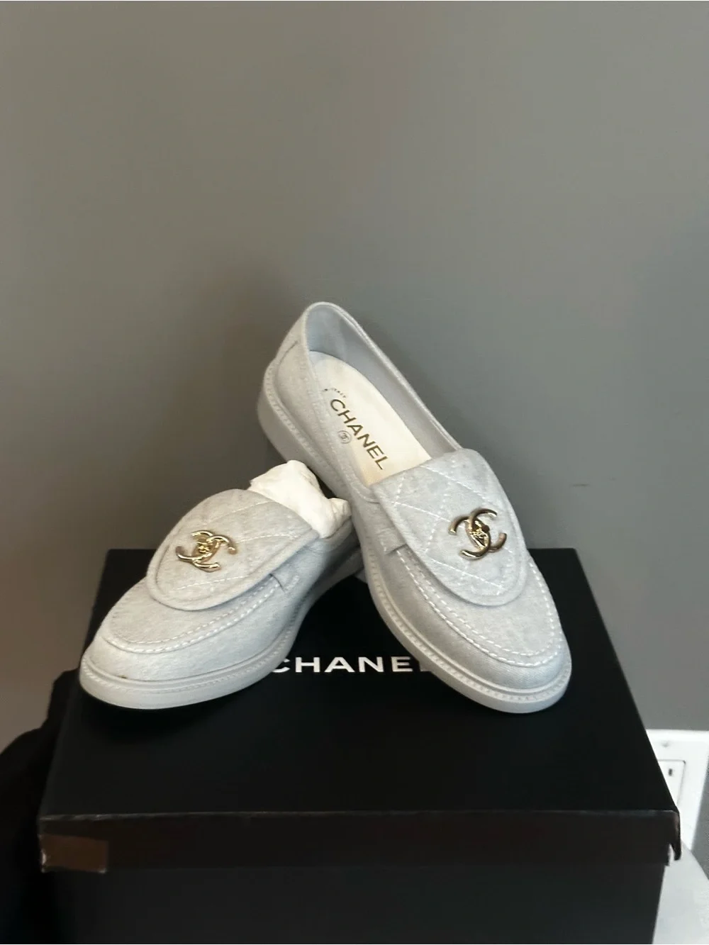 CHANEL light Denim Quilted Loafers with Gold CC Hardware